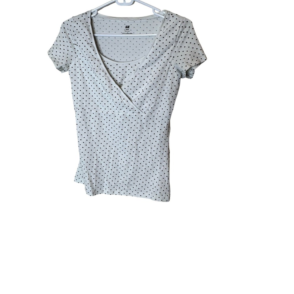 H&M Mama Shirt Womens Small White Maternity Nursing V Neck Polka Dot Jersey Top